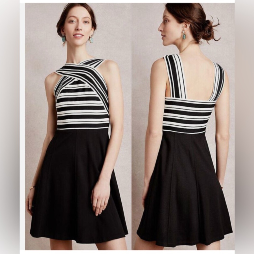Anthropologie Maeve Crosswise Dress | Black & White Stretch Size 12 Rare stripes